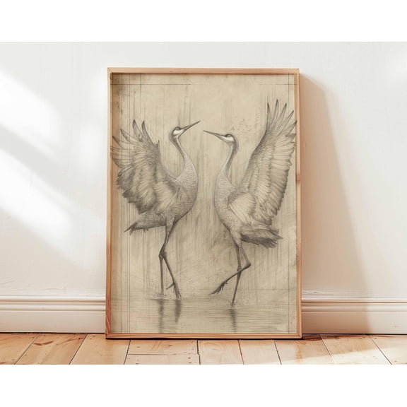 Dancing Cranes Pencil Sketch Wall Art Print, Unframed Paper Poster 8x10in