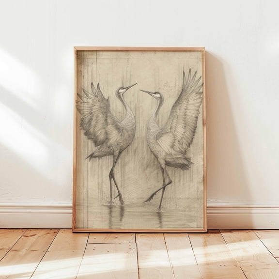 Dancing Cranes Vintage Pencil Bird Sketch Elegant Nature Wall Decor Unframed Paper Print
