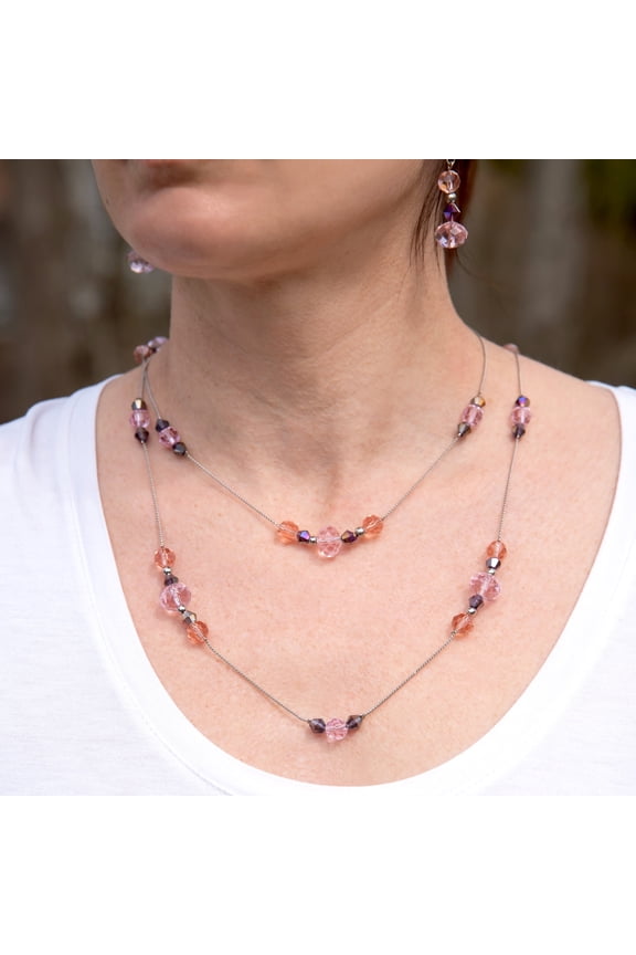 Sparkly Crystal Station Necklace - Pink and Blue Multi-Way Long Chain Jewelry Necklace Silver