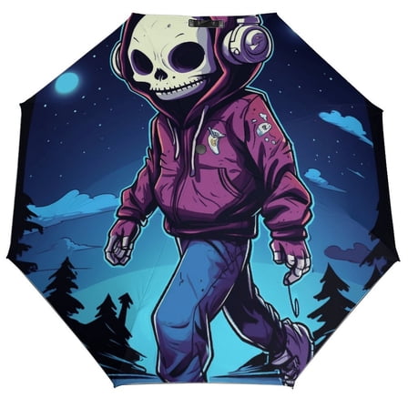 Dancing Cute Skull Man Automatic Sunny Umbrella, Sun Protection Shade, Three-fold Umbrella, Folding Umbrella, Vinyl Sun Umbrella