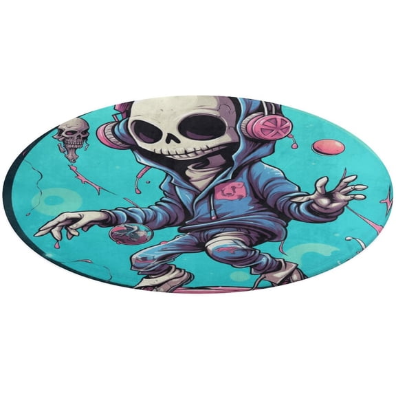Dancing Cute Skull Man Washable Round Rug -Circle Area Rugs for Nursery Bedroom, Vintage Non Slip Non Shedding Low Pile Carpet for Living Room Coffee Table Entryway
