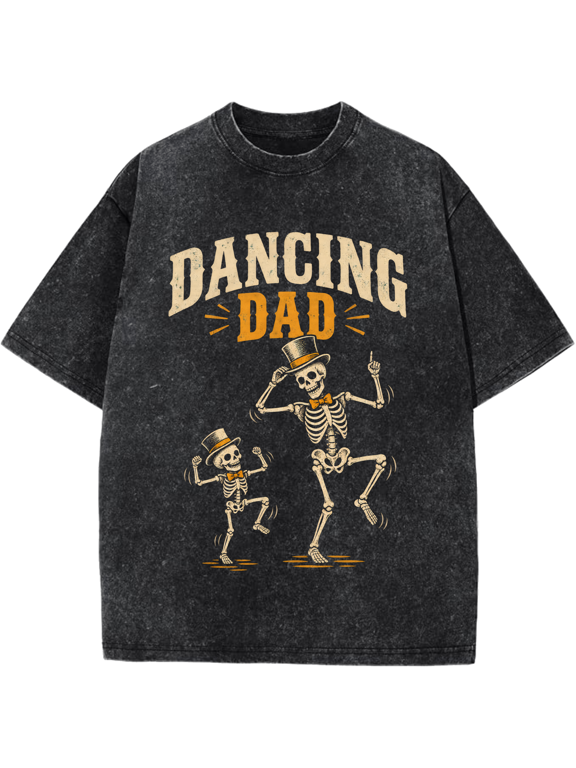 Dancing Dad Skeleton Father and Child Graphic Vintage Oversized Washed Short Sleeve Crewneck Cotton Unisex T Shirt