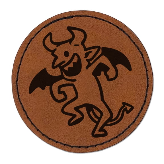 Dancing Devil Demon Evil Monster Round Iron-On Engraved Faux Leather Patch Applique - 2.5 Inch - Brown