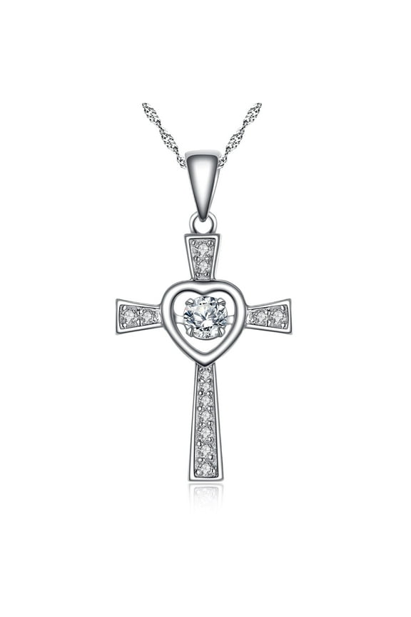 Dancing Diamond Cross Shaped Round Cut 0.23 TCW Dancing CZ in Motion Sterling Silver Pendant Necklance with free 18 Chain