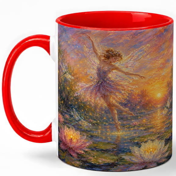 Dancing Fairy 11oz Ceramic Mug, Sunset Lily Pond Fantasy Art