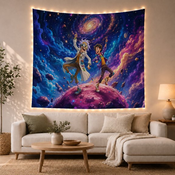Dancing Figures on Magenta Planet Under Galaxy, Playful Fantasy Style for Space Lovers, Galaxy Wall Decor Birthday Gift, Tapestry Wall Hanging for Bedroom and Dorm