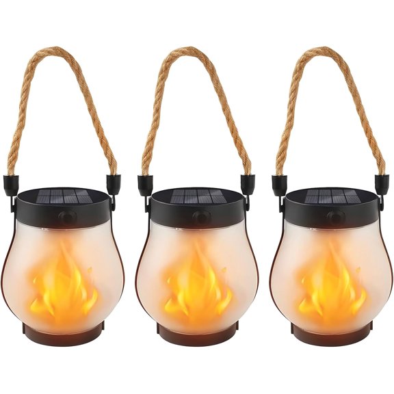Dancing Flickering Flame Solar Lanterns, Camping Lantern Outdoor Lights, Automatic Light Sensor, Solar & USB-C Charging, Waterproof Hanging Lantern for Pathway Yard Patio Porch Garden Decor (1PCS)