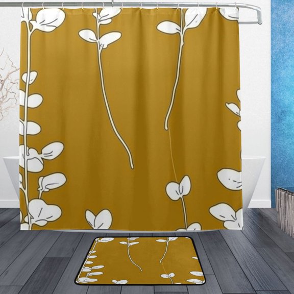 Dancing Flowers Design Bathroom Accessory Sets Waterproof Shower Curtain with Anti-Slip Bath Mat Durable Combo