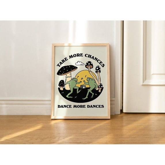 Dancing Frog Selfcare Quote Vintage Mushroom Illustration Frog and Toad Art, Unframed Paper Print Size 16x24