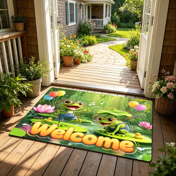 Dancing Frogs Balloon Lotus 2D Welcome Doormat, Holiday Party Entrance Bedroom Living Room Entry Mat, Thanksgiving Christmas Gift