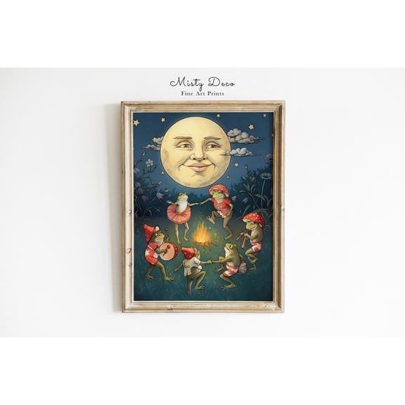 Dancing Frogs Under Full Moon Vintage Illustration Nursery Wall Art, Unframed Paper Poster 8x10in