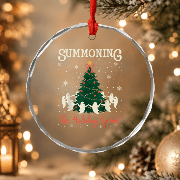Dancing Ghost Summoning the Holiday Spirit Tree Ornament, Holiday Decor, Circle Glass Ornament