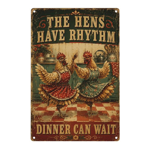 Dancing Hens Metal Sign 8x12", Farmhouse Kitchen Decor Dancing hens in vintage dresses create cheerful farmhouse character for kitchens, chicken coops or country wall decor.