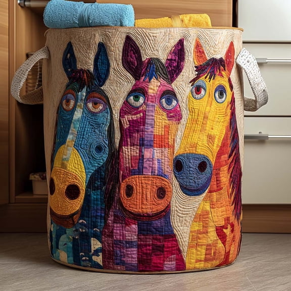 Dancing Horses Quilted Laundry Basket, Clothes Hamper Storage Bag, Housewarming Gift Ideas, Mother's Day Gifts, Birthday Gift