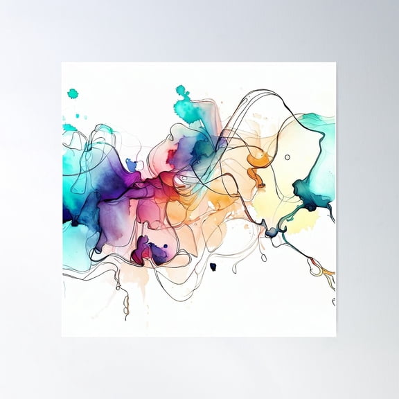 Dancing Hues: Artistic Line Drawing With Colorful Ink Blots Poster Wall Art, Modern Wall Decor For Living Room Bedroom, 16x16 UNFRAMED