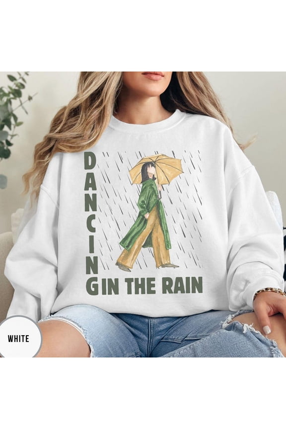 Dancing In The Rain T Shirt Umbrella Girl Graphic Tee Aesthetic Rainy Day Art Shirt Cozy Weather Vintage Style Gift TSHIRT All Size S-5XL