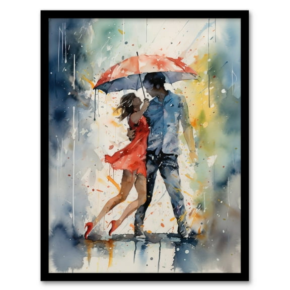 Dancing In The Rain Watercolour Romance Red Blue Painting Rhythm Body Energy Theatre Arts Artwork Art Print Framed Poster Wall Decor 12x16 inch