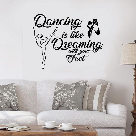 Dancing Is Like Dreaming With Your Feet Inspirational Motivational Quote Ballerina & Shoes Silhouette Vinyl Wall Sticker Wall Decal For Room Bedroom Gym Studio Wall Decoration Design Size (10x10 inch)