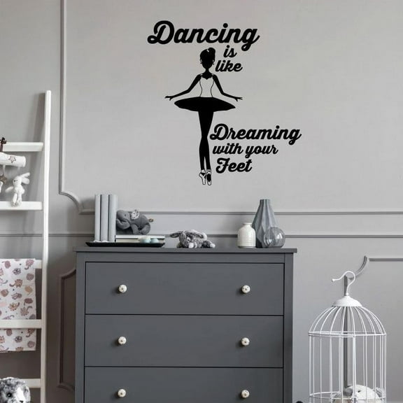 Dancing Is Like Dreaming With Your Feet - Inspirational Motivational Quote Cute Ballerina Silhouette Vinyl Wall Sticker Wall Decal For Room Bedroom Gym Studio Wall Decoration Design Size (10x10 inch)