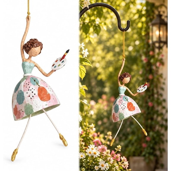 Dancing Lady Hanging Ornament, Vintage Whimsical Folk-Art Wind Swaying Girl Figurine, Cottage Garden Wind Chime Decor for Front Porch Patio Window