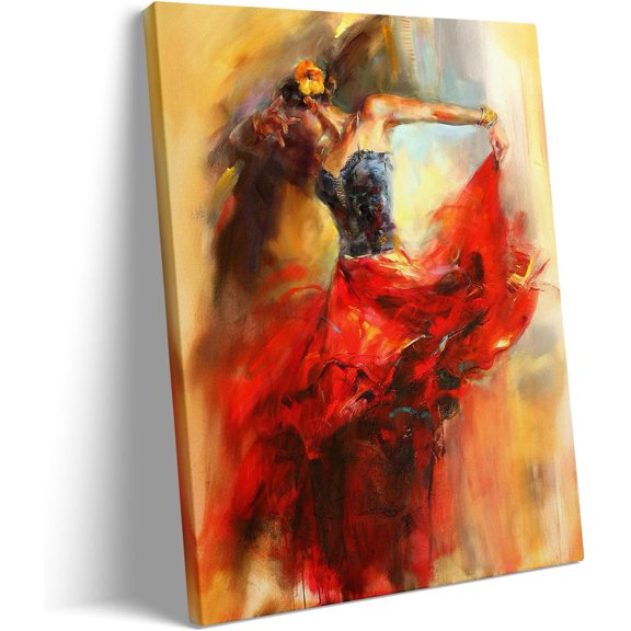 Dancing Lady Oil Paintings Hand Painted Abstract Spanish Flamenco Dancer Picture Print, Elegant Woman Dancing Poster Print Framed Wall Decor for Living Room Bedroom Home Decor