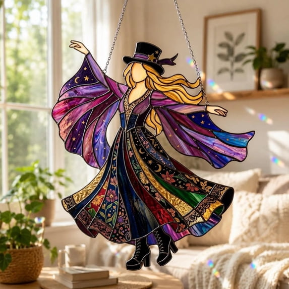 Dancing Lady Style Handmade Stained Glass Hanging Suncatcher, Kinetic Rotating Acrylic Window Spinner with Metal Frame, Boho Decor Hanging Ornament for Porch Patio Garden Home & Gift