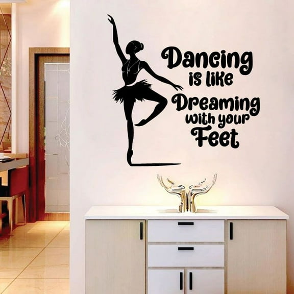 Dancing Is Like Dreaming With Your Feet - Inspirational Motivational Quote Ballet Figure Silhouette Vinyl Wall Sticker Wall Decal For Room Bedroom Gym Studio Wall Decoration Design Size (10x10 inch)