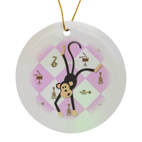 3drose, Dancing Monkey. Pink. Musical Instruments. Kids Décor. Cool Print., Circle Porcelain Ornament