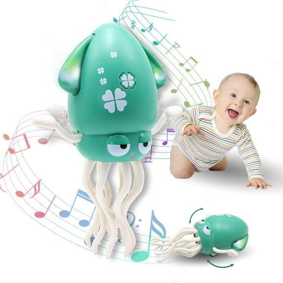 Dancing Octopus Toy in Tummy Time for Baby,Magic Electric Squid Automatic Obstacle Avoidance Toy with Light & Music,Crawling Toys for Learning to Walk(Green)