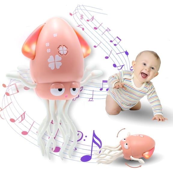 Dancing Octopus Toy in Tummy Time for Baby,Magic Electric Squid Automatic Obstacle Avoidance Toy with Light & Music,Crawling Toys for Learning to Walk(Pink)
