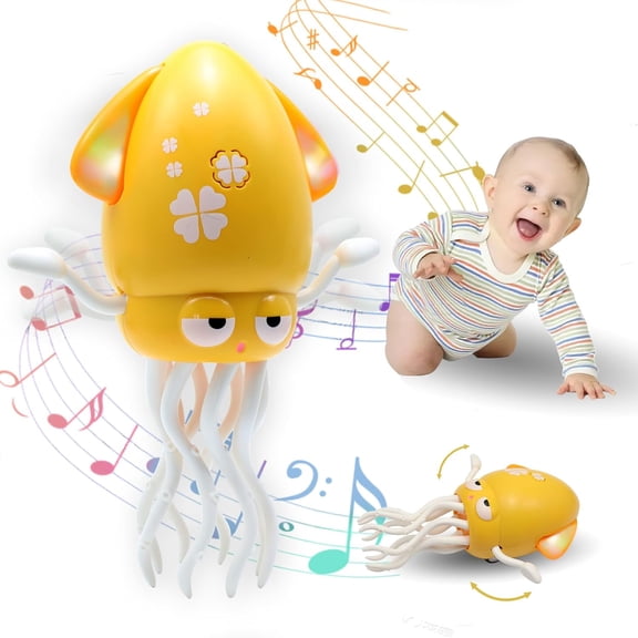 Dancing Octopus Toy in Tummy Time for Baby,Magic Electric Squid Automatic Obstacle Avoidance Toy with Light & Music,Crawling Toys for Learning to Walk(Yellow)