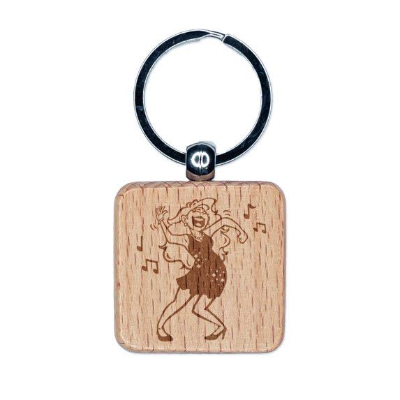 Dancing Party Girl with Musical Notes Square Keychain Charm Tag - Engraved Wood