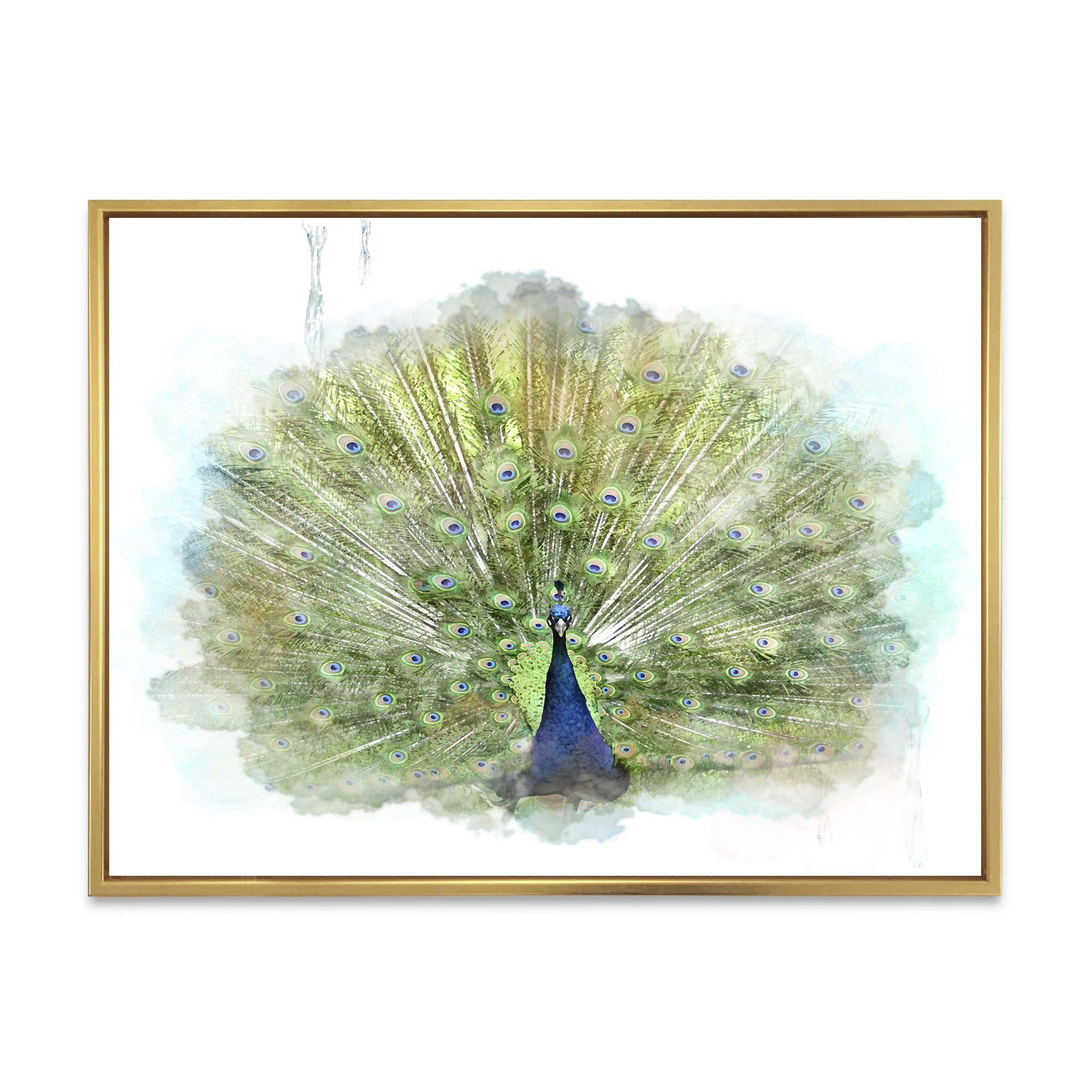 Dancing Peacock Bird 32 in x 24 in Framed Painting Canvas Art Print, by Designart