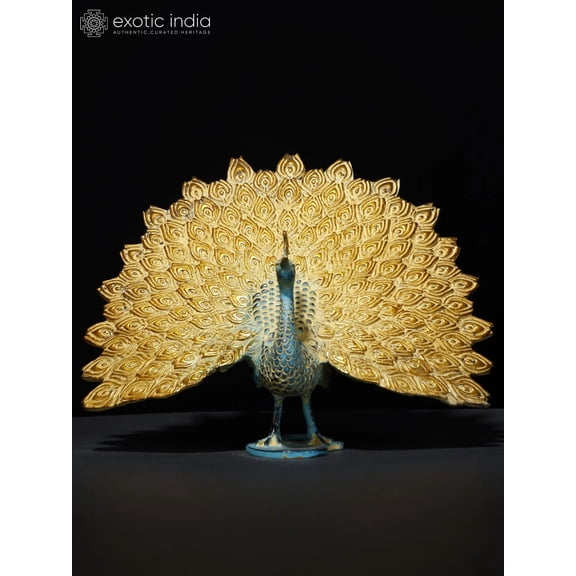 Dancing Peacock with Outspread Feathers | Home Decor – Golden and Blue