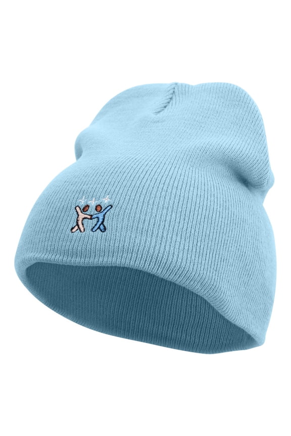 Dancing People Embroidered 8 inch Acrylic Short beanie - Lt Blue OSFM