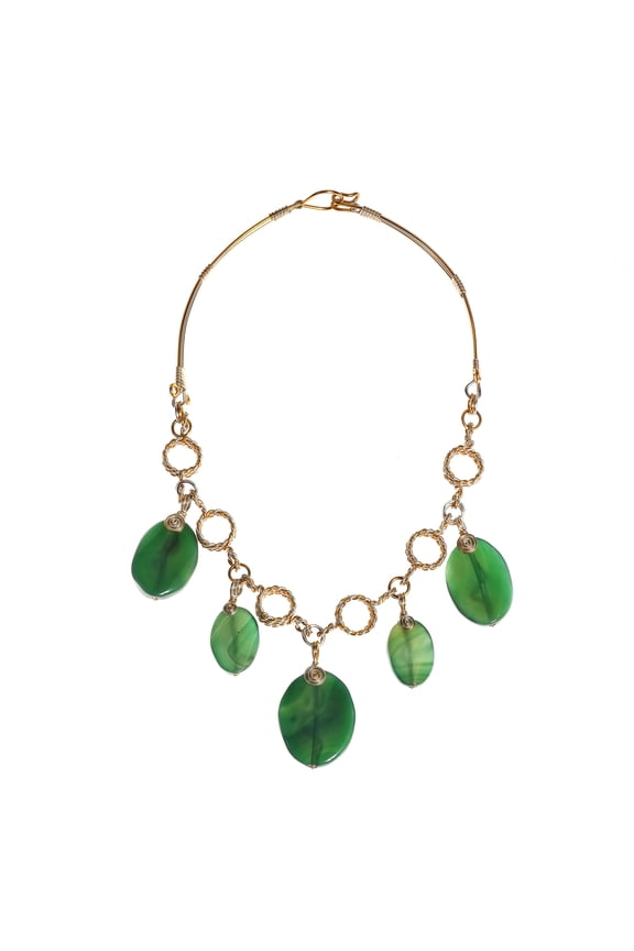 Dancing Petals Oval Green Agate Two-Tone Handmade Necklace