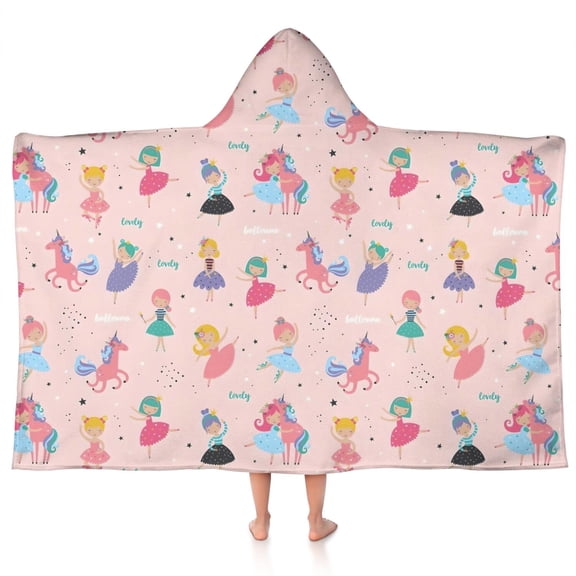 Dancing Princess Unicorns Pattern Hooded Bath Towel,50"x30" for Ages 3 To 12 Kids, Quick Dry Lightweight Soft Microfiber Hood Beach Towel Cover Up for Kids