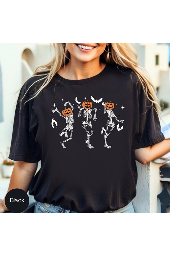 Dancing Pumpkin Retro Womens Fall Spooky Season Face T-Shirt