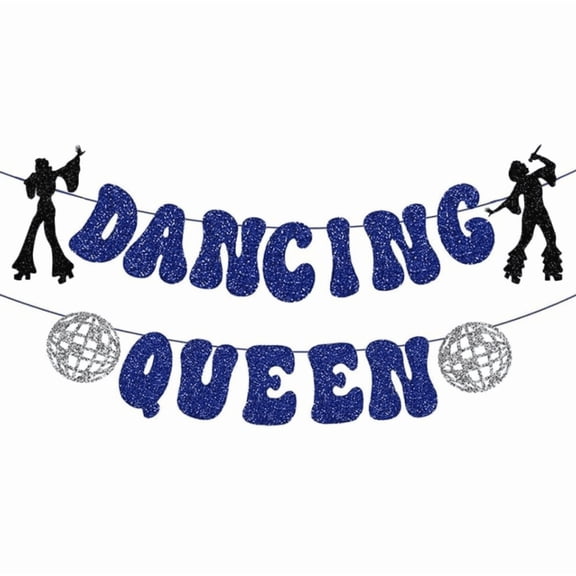 Dancing Queen Glitter Banner, Blue and Silver, Disco Ball Party Decoration, Retro Theme