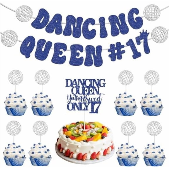 Dancing Queen Party Decorations 17 - 17th Birthday Decorations for Girls, Mamma Mia Party Decorations Dancing Queen Theme Cake Topper, Dancing Queen Banner, Young and Sweet 17 Birthday Decorations