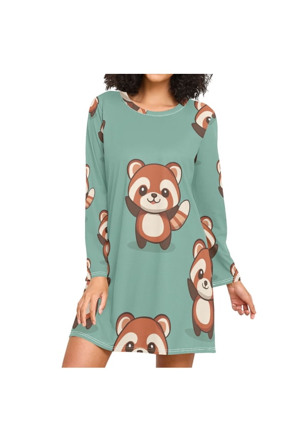 Dancing Raccoons Women's Long Sleeves Nightgowns Sleepwear Soft Pajama A-line Sleep Dress XL