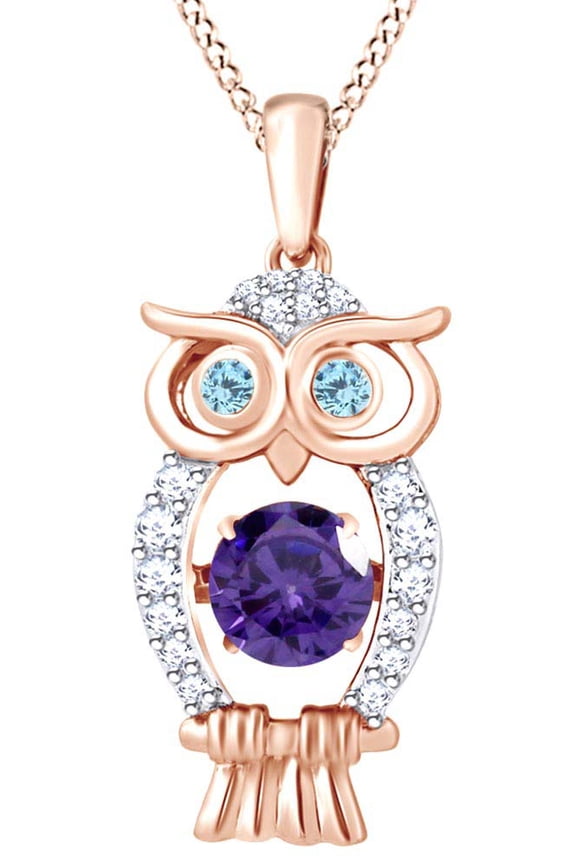 Dancing Round Cut Simulated Amethyst, Aquamarine With White Sapphire Owl Pendant Necklace In 14K Rose Gold Over Sterling Silver