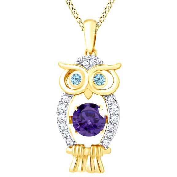 AFFY Dancing Round Cut Simulated Amethyst, Aquamarine With White Sapphire Owl Pendant Necklace In 14K Yellow Gold Over Sterling Silver