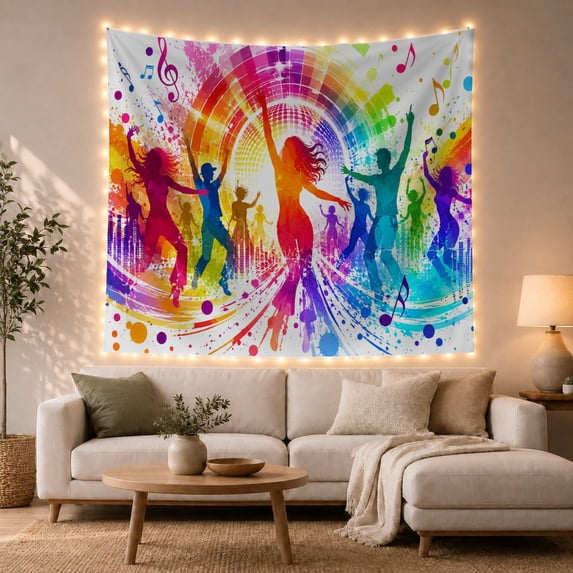 Dancing Silhouettes in Concert Scene, Energetic Watercolor Style for Music Lovers, Rainbow Music Decor, Housewarming Gift Tapestry Wall Hanging for Bedroom, Living Room and Dorm