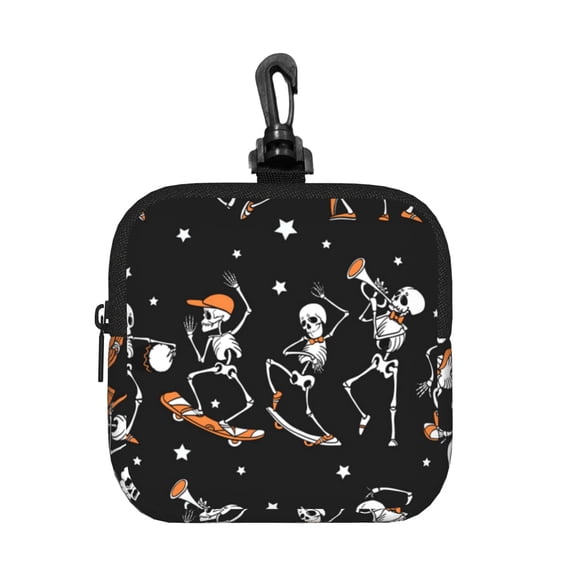 Dancing Skateboarding Skull Skateboard Square Gear Pouch with Lobster Clasp Waterproof Tech Accessory Organizer, Key & Coin Case