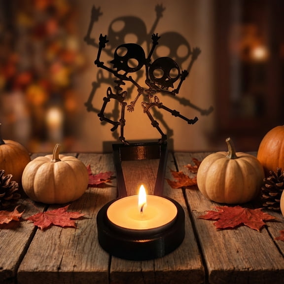 Dancing Skeleton Candle Stand - Halloween Black Metal Tabletop Decor for Gothic Tea Light, Spooky Party Centerpiece & Dark Home Style Gift