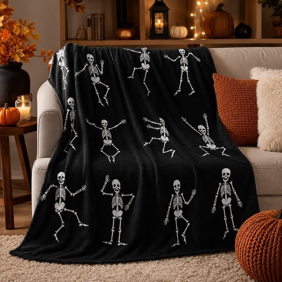 Dancing Skeleton Black Halloween Fleece Throw Blanket, Soft 280 GSM Polyester, Halloween Home Decor Gift
