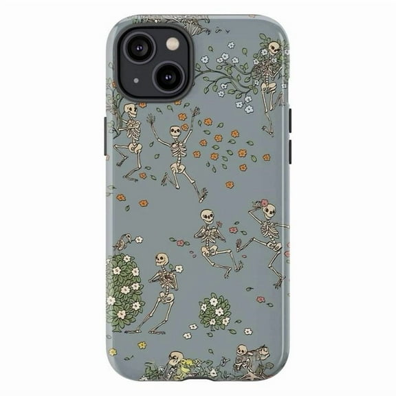 Dancing Skeleton Floral Phone Case for iPhone 16 15 14 13 12 11 Pro Max Mini Plus – Spooky Cute Halloween Goth Aesthetic Phone Cover