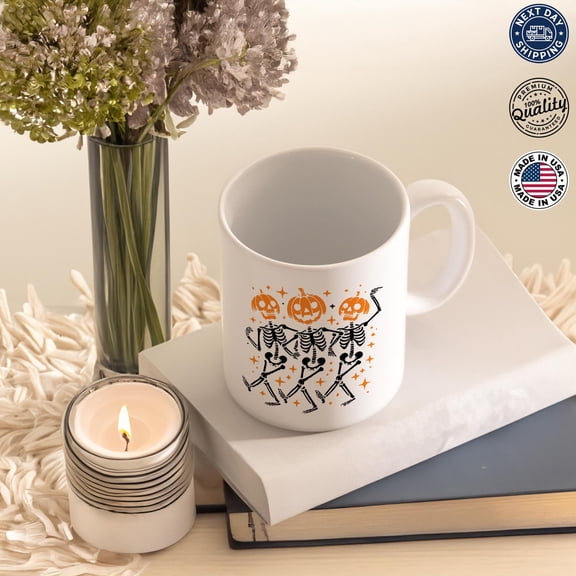 Dancing Skeleton Halloween Mug, Funny Pumpkin Skeleton Coffee Cup, Spooky Season Gift