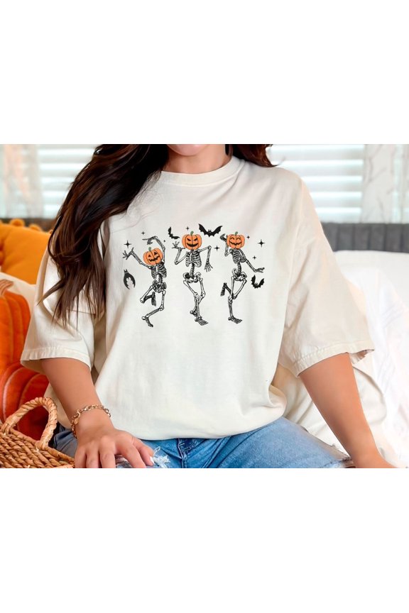 Dancing Skeleton Halloween TShirt Pumpkin Face Tee Spooky Season Gift Fall Pumpkin Tee Ret